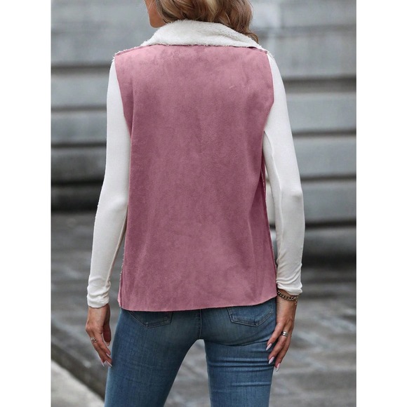 🌟 Teddy shearling Lined Open Front Vest vegan suede - Picture 4 of 8